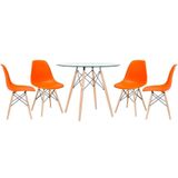 Mesa Redonda Eames Com Tampo De Vidro 90 Cm + 4 Cadeiras Eiffel Dsw Laranja