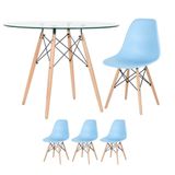 Mesa Redonda Eames Com Tampo De Vidro 100 Cm + 3 Cadeiras Eiffel Dsw Azul Claro