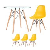 Mesa Redonda Eames Com Tampo De Vidro 80 Cm + 3 Cadeiras Eiffel Dsw Amarelo