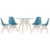 Mesa Redonda Eames Com Tampo De Vidro 90 Cm + 4 Cadeiras Eiffel Dsw Turquesa