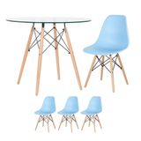 Mesa Redonda Eames Com Tampo De Vidro 90 Cm + 3 Cadeiras Eiffel Dsw Azul Claro