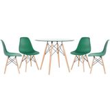Mesa Redonda Eames Com Tampo De Vidro 90 Cm + 4 Cadeiras Eiffel Dsw Verde Escuro