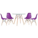 Mesa Redonda Eames Com Tampo De Vidro 90 Cm + 4 Cadeiras Eiffel Dsw Roxo