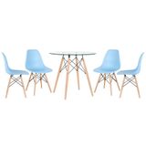 Mesa Redonda Eames Com Tampo De Vidro 80 Cm + 4 Cadeiras Eiffel Dsw Azul Claro