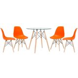 Mesa Redonda Eames Com Tampo De Vidro 80 Cm + 4 Cadeiras Eiffel Dsw Laranja