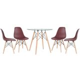 Mesa Redonda Eames Com Tampo De Vidro 80 Cm + 4 Cadeiras Eiffel Dsw Marrom