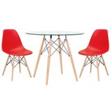 Mesa Redonda Eames Com Tampo De Vidro 80 Cm + 2 Cadeiras Eiffel Dsw Vermelho