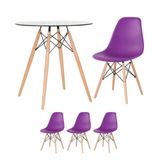 Mesa Redonda Eames Com Tampo De Vidro 70 Cm + 3 Cadeiras Eiffel Dsw Roxo