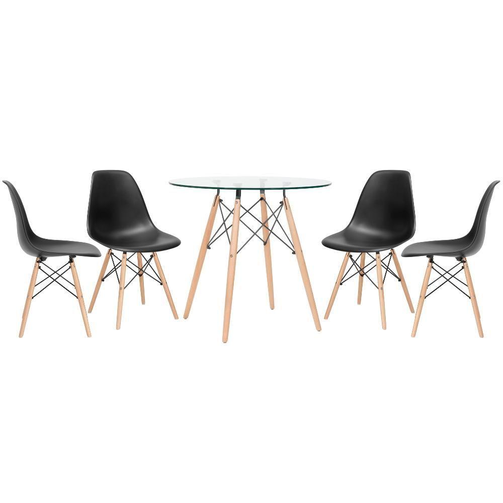 Mesa Redonda Eames Com Tampo De Vidro 80 Cm + 4 Cadeiras Eiffel Dsw Preto