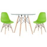 Mesa Redonda Eames Com Tampo De Vidro 80 Cm + 2 Cadeiras Eiffel Dsw Verde Claro