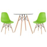 Mesa Redonda Eames Com Tampo De Vidro 70 Cm + 2 Cadeiras Eiffel Dsw Verde Claro