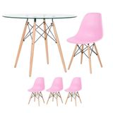 Mesa Redonda Eames Com Tampo De Vidro 100 Cm + 3 Cadeiras Eiffel Dsw Rosa Claro