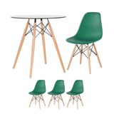 Mesa Redonda Eames Com Tampo De Vidro 70 Cm + 3 Cadeiras Eiffel Dsw Verde Escuro