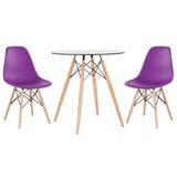 Mesa Redonda Eames Com Tampo De Vidro 70 Cm + 2 Cadeiras Eiffel Dsw Roxo