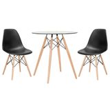 Mesa Redonda Eames Com Tampo De Vidro 70 Cm + 2 Cadeiras Eiffel Dsw Preto