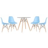 Mesa Redonda Eames Com Tampo De Vidro 70 Cm + 4 Cadeiras Eiffel Dsw Azul Claro