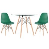 Mesa Redonda Eames Com Tampo De Vidro 80 Cm + 2 Cadeiras Eiffel Dsw Verde Escuro