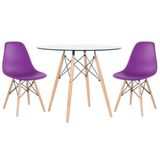 Mesa Redonda Eames Com Tampo De Vidro 80 Cm + 2 Cadeiras Eiffel Dsw Roxo