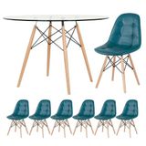 Mesa Eames Com Tampo De Vidro 120 Cm + 6 Cadeiras Estofadas Eiffel Botonê Turquesa