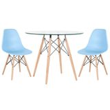 Mesa Redonda Eames Com Tampo De Vidro 90 Cm + 2 Cadeiras Eiffel Dsw Azul Claro
