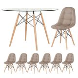 Mesa Eames Com Tampo De Vidro 120 Cm + 6 Cadeiras Estofadas Eiffel Botonê Nude