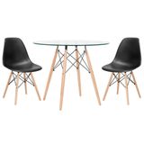 Mesa Redonda Eames Com Tampo De Vidro 90 Cm + 2 Cadeiras Eiffel Dsw Preto
