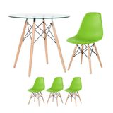 Mesa Redonda Eames Com Tampo De Vidro 80 Cm + 3 Cadeiras Eiffel Dsw Verde Claro