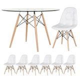 Mesa Eames Com Tampo De Vidro 120 Cm + 6 Cadeiras Estofadas Eiffel Botonê Branco