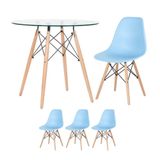 Mesa Redonda Eames Com Tampo De Vidro 80 Cm + 3 Cadeiras Eiffel Dsw Azul Claro