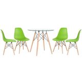 Mesa Redonda Eames Com Tampo De Vidro 80 Cm + 4 Cadeiras Eiffel Dsw Verde Claro
