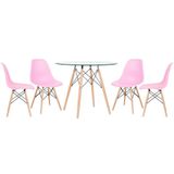 Mesa Redonda Eames Com Tampo De Vidro 90 Cm + 4 Cadeiras Eiffel Dsw Rosa Claro