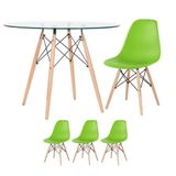 Mesa Redonda Eames Com Tampo De Vidro 100 Cm + 3 Cadeiras Eiffel Dsw Verde Claro