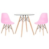 Mesa Redonda Eames Com Tampo De Vidro 70 Cm + 2 Cadeiras Eiffel Dsw Rosa Claro