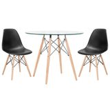 Mesa Redonda Eames Com Tampo De Vidro 80 Cm + 2 Cadeiras Eiffel Dsw Preto