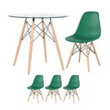 Mesa Redonda Eames Com Tampo De Vidro 80 Cm + 3 Cadeiras Eiffel Dsw Verde Escuro
