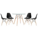Mesa Redonda Eames Com Tampo De Vidro 90 Cm + 4 Cadeiras Eiffel Dsw Preto