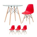 Mesa Redonda Eames Com Tampo De Vidro 80 Cm + 3 Cadeiras Eiffel Dsw Vermelho