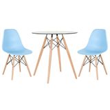Mesa Redonda Eames Com Tampo De Vidro 70 Cm + 2 Cadeiras Eiffel Dsw Azul Claro