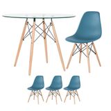 Mesa Redonda Eames Com Tampo De Vidro 100 Cm + 3 Cadeiras Eiffel Dsw Turquesa