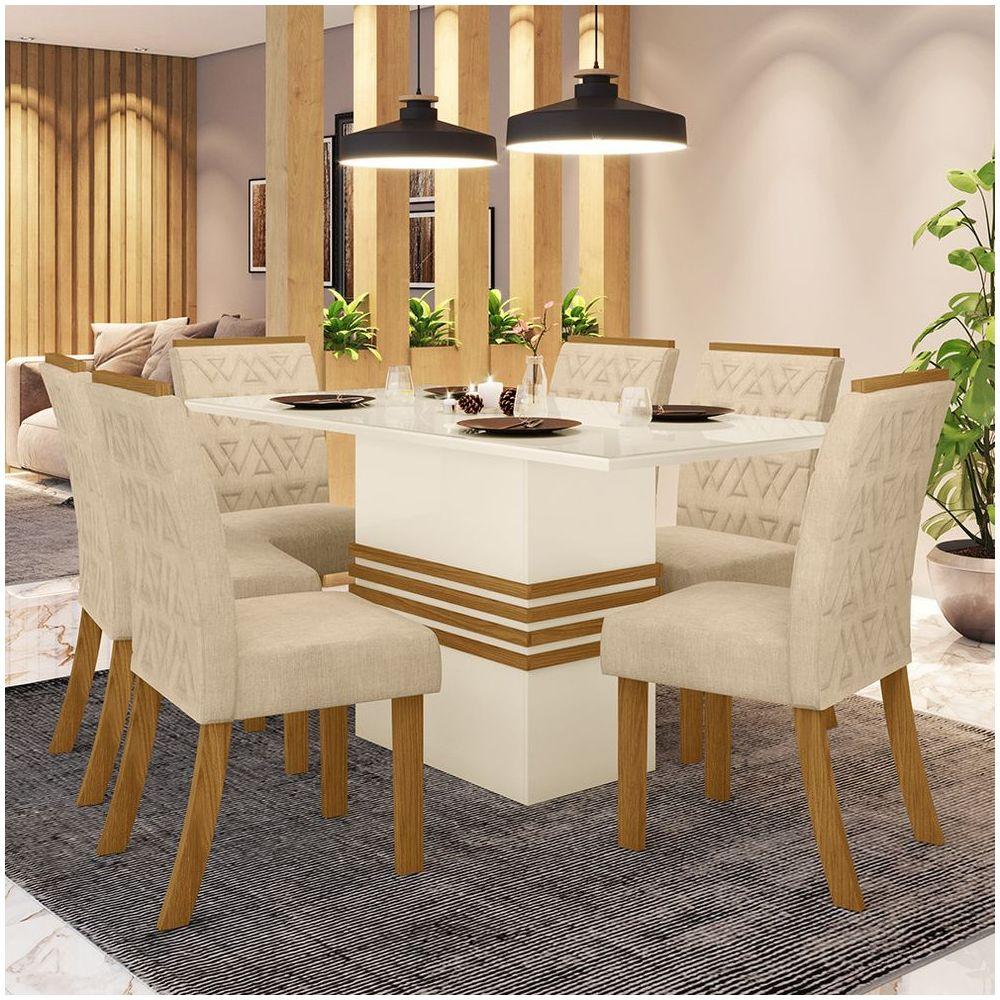 Conjunto Sala De Jantar Mesa 160cm Tampo Mdf Com Vidro 6 Cadeiras Melinda Casa 812