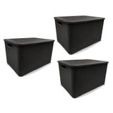 Kit 3 Caixas Organizadora Rattan Com Tampa 20 Litros Preto Arqplast