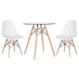 Mesa Redonda Eames Com Tampo De Vidro 70 Cm + 2 Cadeiras Eiffel Dsw Branco