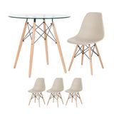 Mesa Redonda Eames Com Tampo De Vidro 80 Cm + 3 Cadeiras Eiffel Dsw Nude