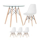 Mesa Redonda Eames Com Tampo De Vidro 80 Cm + 3 Cadeiras Eiffel Dsw Branco