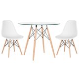 Mesa Redonda Eames Com Tampo De Vidro 80 Cm + 2 Cadeiras Eiffel Dsw Branco