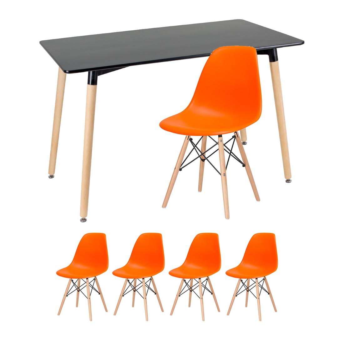 Kit - Mesa Retangular Eames 60 X 120 Cm Preto + 4 Cadeiras Eiffel Dsw Laranja