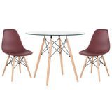 Mesa Redonda Eames Com Tampo De Vidro 90 Cm + 2 Cadeiras Eiffel Dsw Marrom