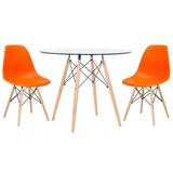 Mesa Redonda Eames Com Tampo De Vidro 80 Cm + 2 Cadeiras Eiffel Dsw Laranja