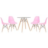 Mesa Redonda Eames Com Tampo De Vidro 70 Cm + 4 Cadeiras Eiffel Dsw Rosa Claro