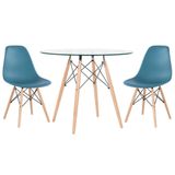 Mesa Redonda Eames Com Tampo De Vidro 80 Cm + 2 Cadeiras Eiffel Dsw Turquesa